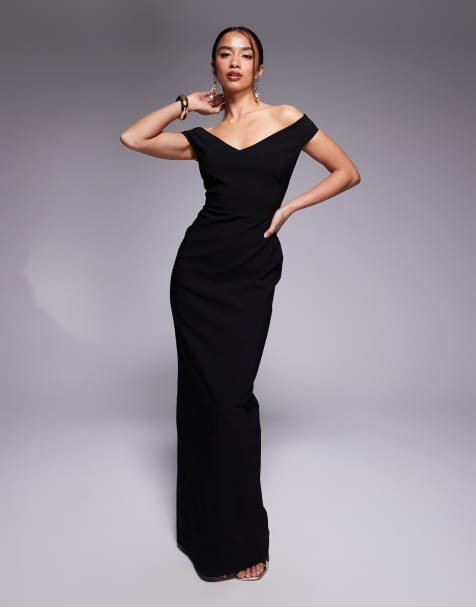 Vesper Petite - Sort maxikjole i bengalin med offshoulder og hjerteformet hals - view 1