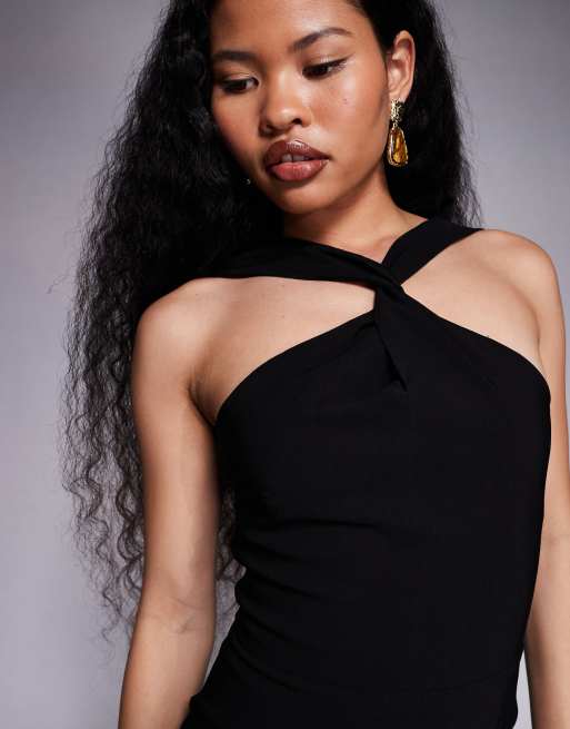 Vesper Petite - Sort midaxikjole i bengalin med halterneck og snoning foran samt sideslids, 2 af 4