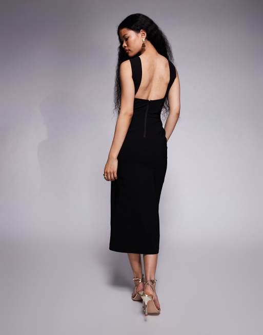 Vesper Petite - Sort midaxikjole i bengalin med halterneck og snoning foran samt sideslids, 4 af 4