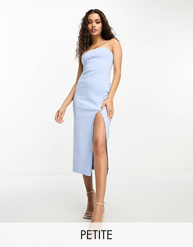 Vesper Petite - spaghetti strap bandeau thigh split midi dress in blue