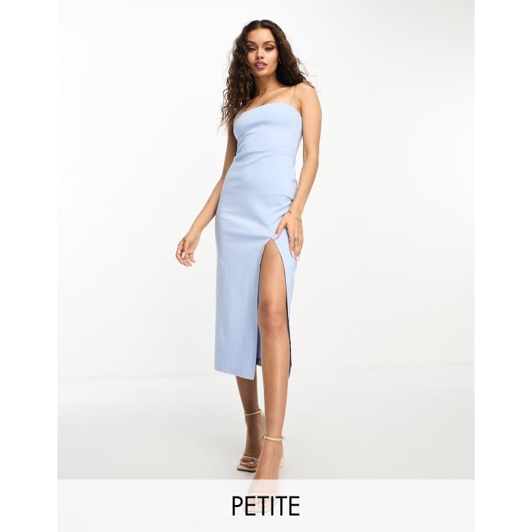 Vesper Petite spaghetti strap bandeau thigh split midi dress in blue