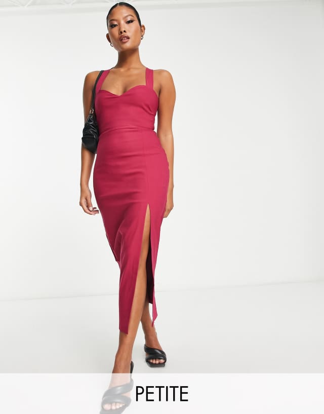 Vesper Petite strappy cross back midi dress with thigh slit in raspberry