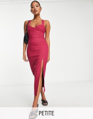 Vesper Petite Vesper Petite strappy cross back midi dress with thigh split in raspberry-Pink