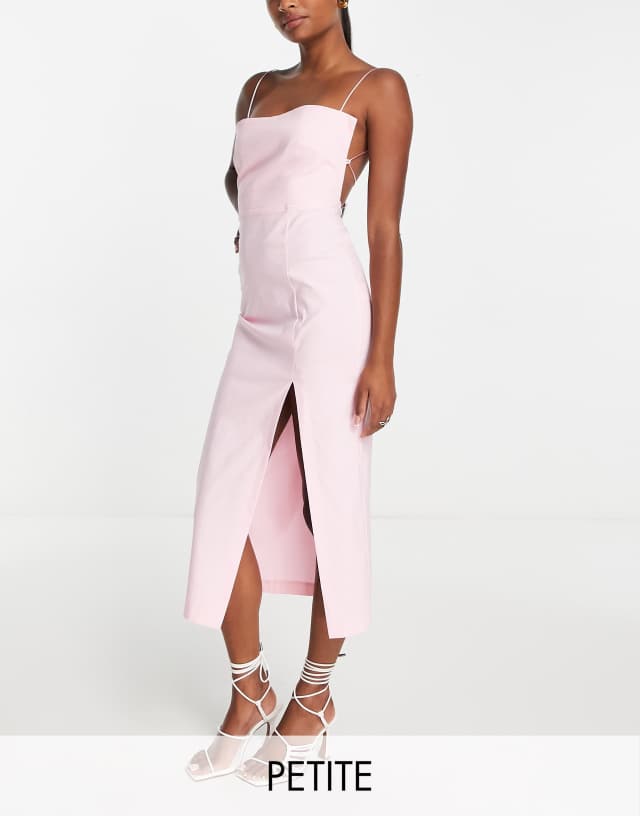 Vesper Petite strappy open back midi dress with thigh slit in blush pink