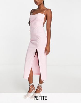 Vesper Petite strappy open back midi dress with thigh split in blush pink - ASOS Price Checker