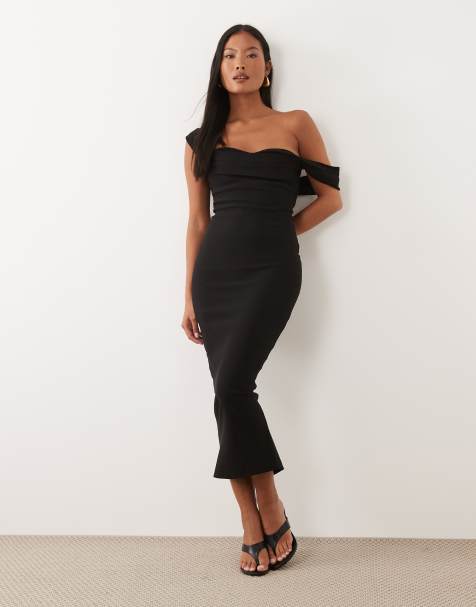 Vesper Petite – Svart midaxiklänning i bengalin och bodycon-stil med bardotringning - view 1