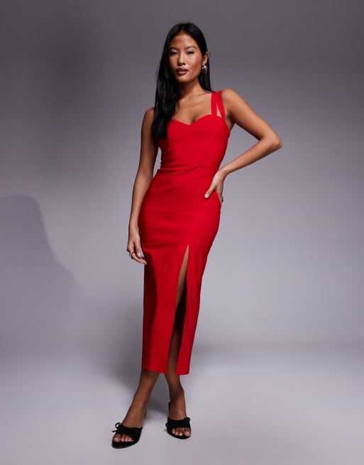 Vesper Petite Sweetheart neckline midaxi dress with side split in red, 2 of 4