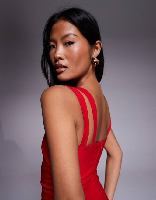 Vesper Petite Sweetheart neckline midaxi dress with side split in red, 3 of 4