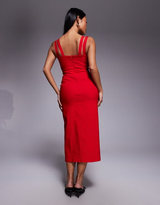Vesper Petite Sweetheart neckline midaxi dress with side split in red, 4 of 4
