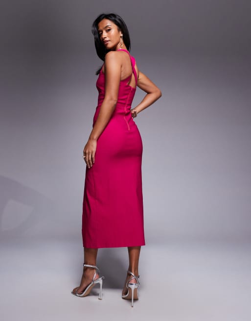Vesper Petite sweetheart neckline midaxi dress with thigh split in pink, 2 of 4