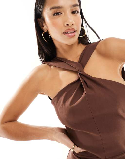 Vesper Petite twist front halter neck maxi dress with thigh split in chocolate ASOS