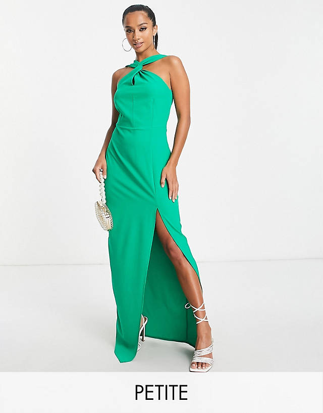 Vesper Petite - twist front halter neck maxi dress with thigh split in green