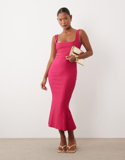 Vesper Petite - vestido midi sin mangas de bengalina con cuello cuadrado y bajo evasé en rosa - view 1