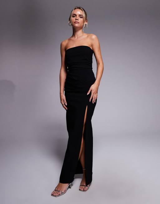 Vesper Petite - Vestito lungo arricciato in vita a fascia nero in bengalina con spacco sulla coscia