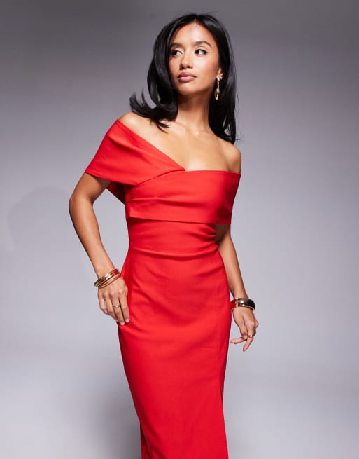 Vesper Petite - Vestito lungo rosso in bengalina con spalle scoperte e incrocio sul davanti, 2 di 4