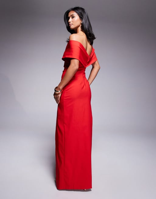 Vesper Petite - Vestito lungo rosso in bengalina con spalle scoperte e incrocio sul davanti, 4 di 4