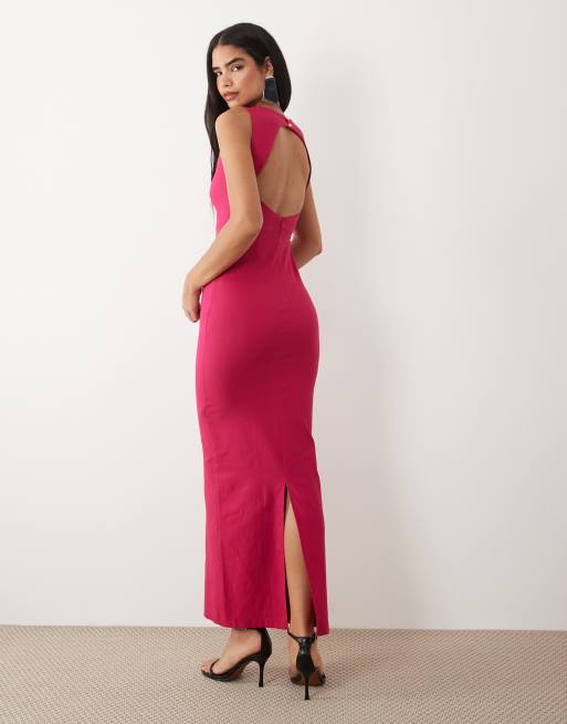 Vesper - Pink højhalset maxikjole i bengalin med åben ryg, 3 af 4