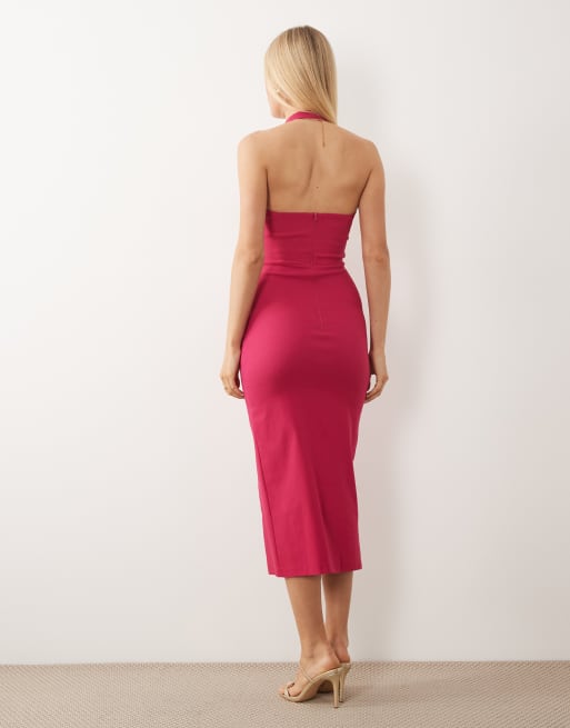 Vesper - Pink midikjole i bengalin med halterneck og lårslids, 4 af 4