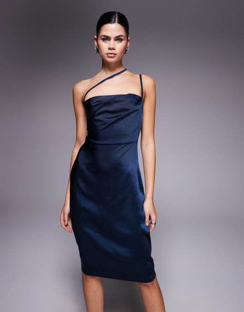 Vesper Pleat detail strappy satin midi dress in navy