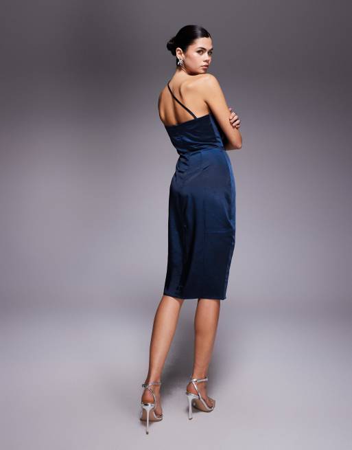 Vesper Pleat detail strappy satin midi dress in navy, 2 of 4