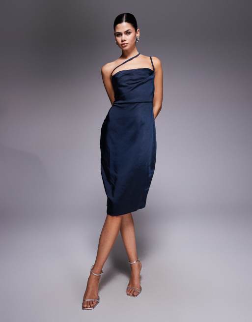 Vesper Pleat detail strappy satin midi dress in navy, 4 of 4