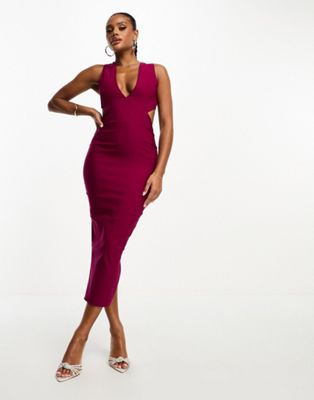 plunge front cross back detail midi dress in berry-Red