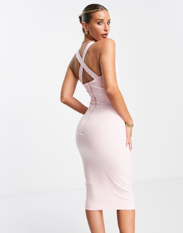 Vesper plunge front midi pencil dress in blush pink