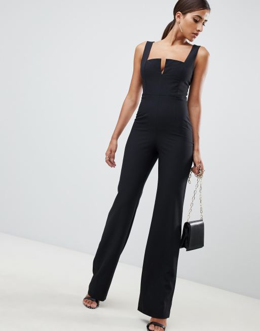 Vesper plunge front wide leg jumpsuit in black