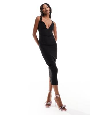 Vesper plunge front zip back midi dress in black