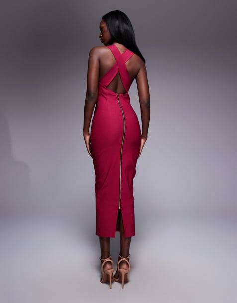 Vesper Plunge neck bodycon midaxi dress with cross straps in raspberry