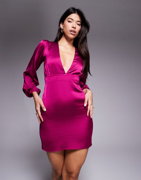 Vesper Plunge neck long sleeve satin mini dress in fuchsia