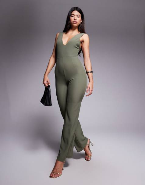 Vesper Plunge neck wide leg jumpsuit in olive - view 1
