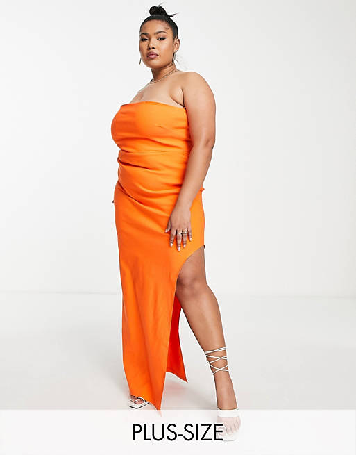 Women Vesper Plus bandeau maxi dress with side thigh split in orange 