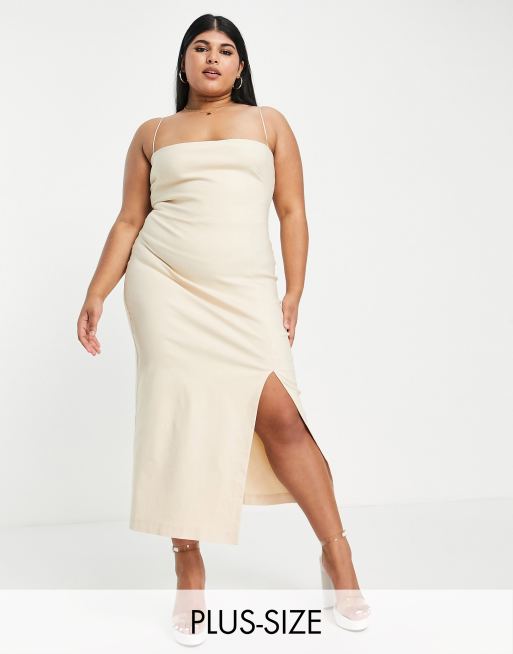 Vesper Plus - Bodycon midi-jurk met camibandjes en dijhoge split in ecru