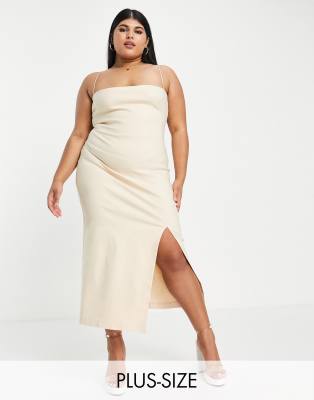 Vesper Plus cami strap midi bodycon dress with thigh split in ecru-White