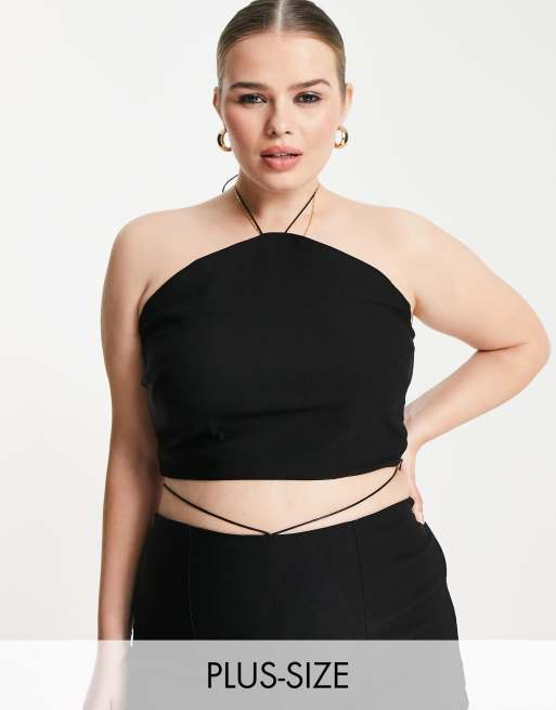 Vesper Plus - Crop top taglio lungo nero allacciato al collo in coordinato