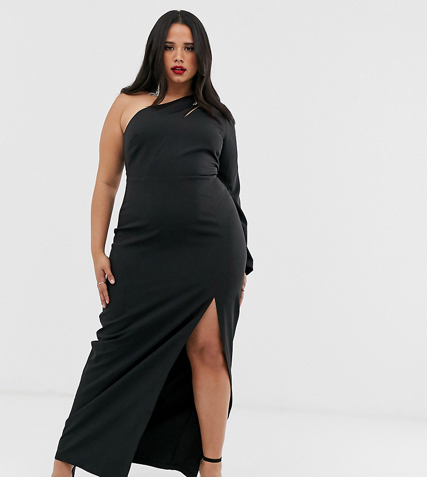 Vesper - Plus - Lange jurk met blote schouder, split en uitsnijding in zwart