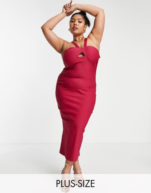Vesper Plus – Malinowa sukienka bodycon na ramiączkach z łezką