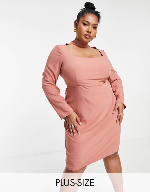 Vesper Plus - Midi-jurk met lange mouwen en vierkante hals in zacht mauve
