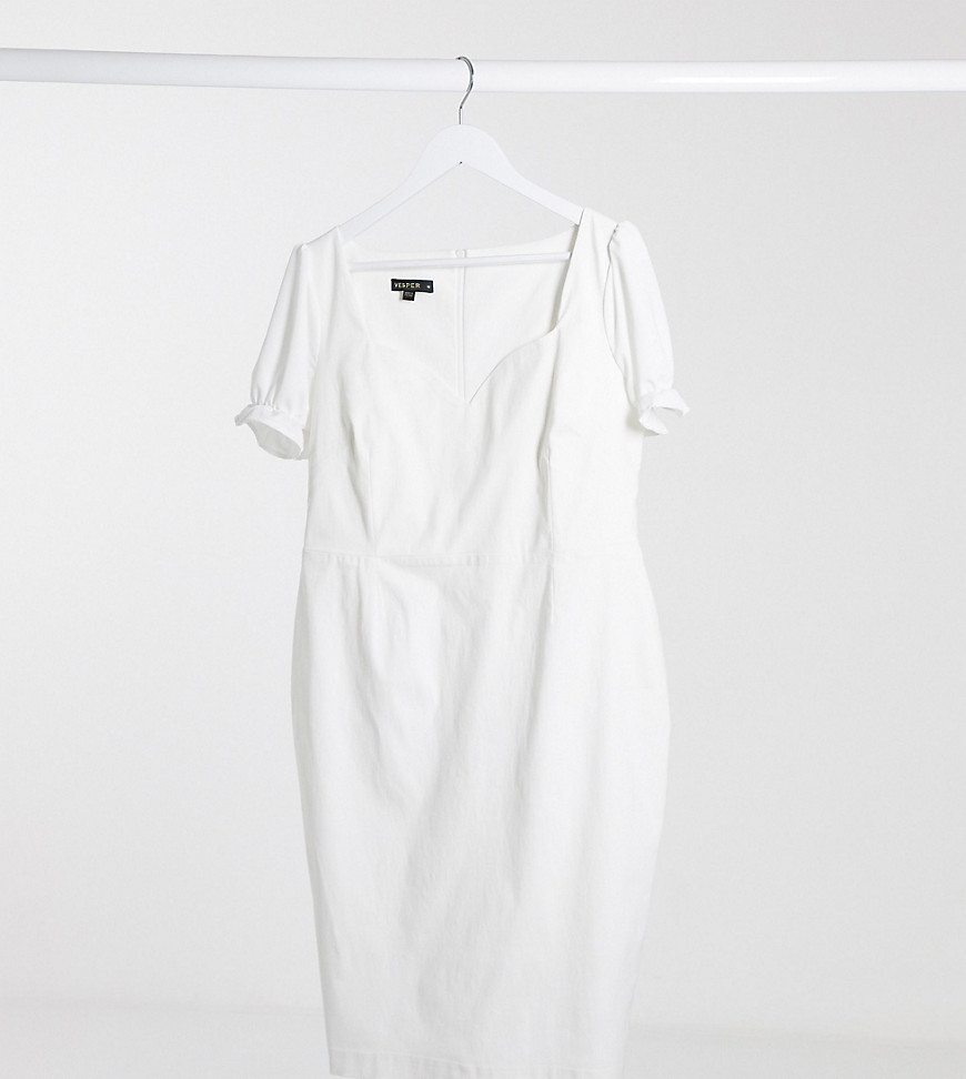 Vesper Plus puff sleeve midi dress in white
