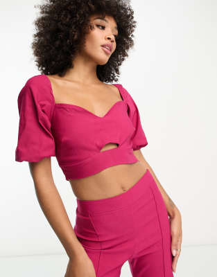 Vesper puff sleeve crop top co-ord in raspberry-Pink