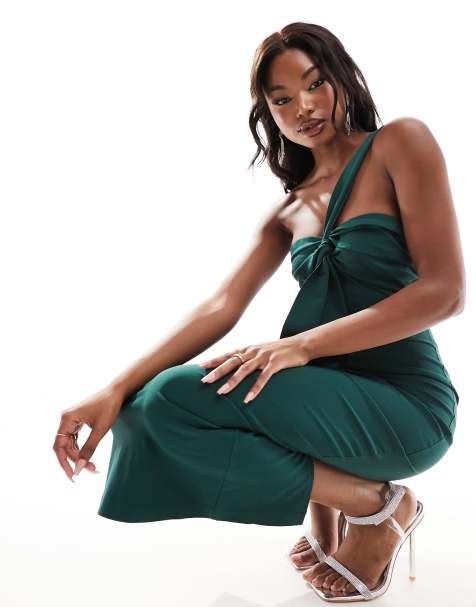 Vesper - Robe asymétrique mi-longue en bengaline avec détail noué - Vert forêt - view 1