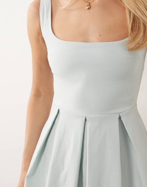 Vesper - Robe courte en bengaline à encolure carrée et plis creux - Bleu givré, 4 de 4