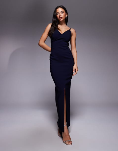 Vesper - Robe longue à bretelles en bengaline avec col V et dos décolleté - Bleu marine - view 1