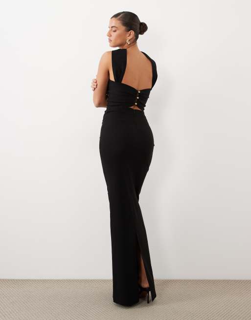 Vesper robe longue bandeau en bengaline avec détail de boutons au dos en noir, 3 de 4