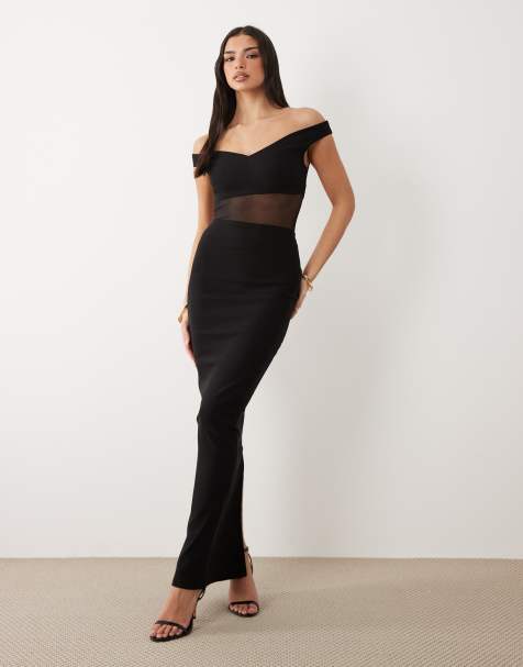 Vesper - Robe longue en bengaline à décolleté en cœur et épaules dénudées avec empiècement en tulle - Noir - view 1