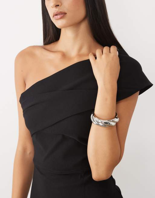 Vesper robe longue en bengaline à épaules dénudées avec revers noire, 3 de 4