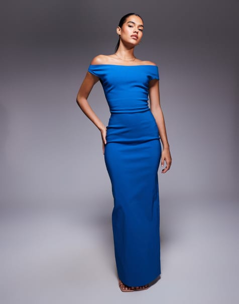 Vesper - Robe longue en bengaline à épaules dénudées - Bleu - view 1