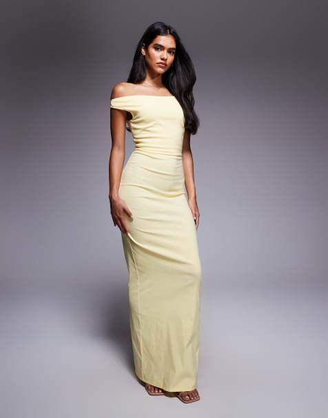 Vesper - Robe longue en bengaline à épaules dénudées - Jaune - view 1