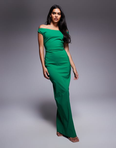 Vesper - Robe longue en bengaline à épaules dénudées - Vert émeraude - view 1
